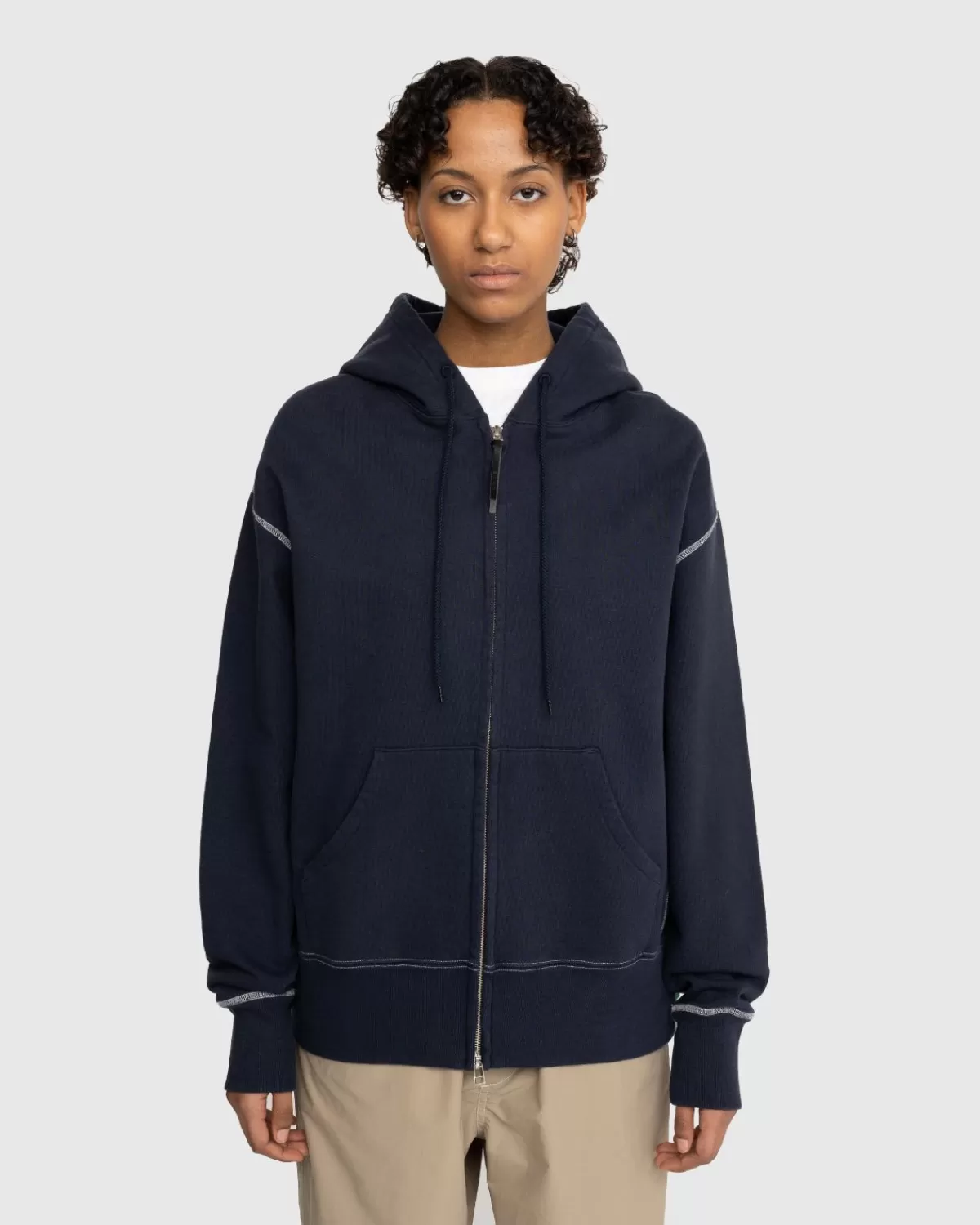 Highsnobiety Fleece Hoodie Met Contrasterende Stiksels, Marineblauw Best Sale